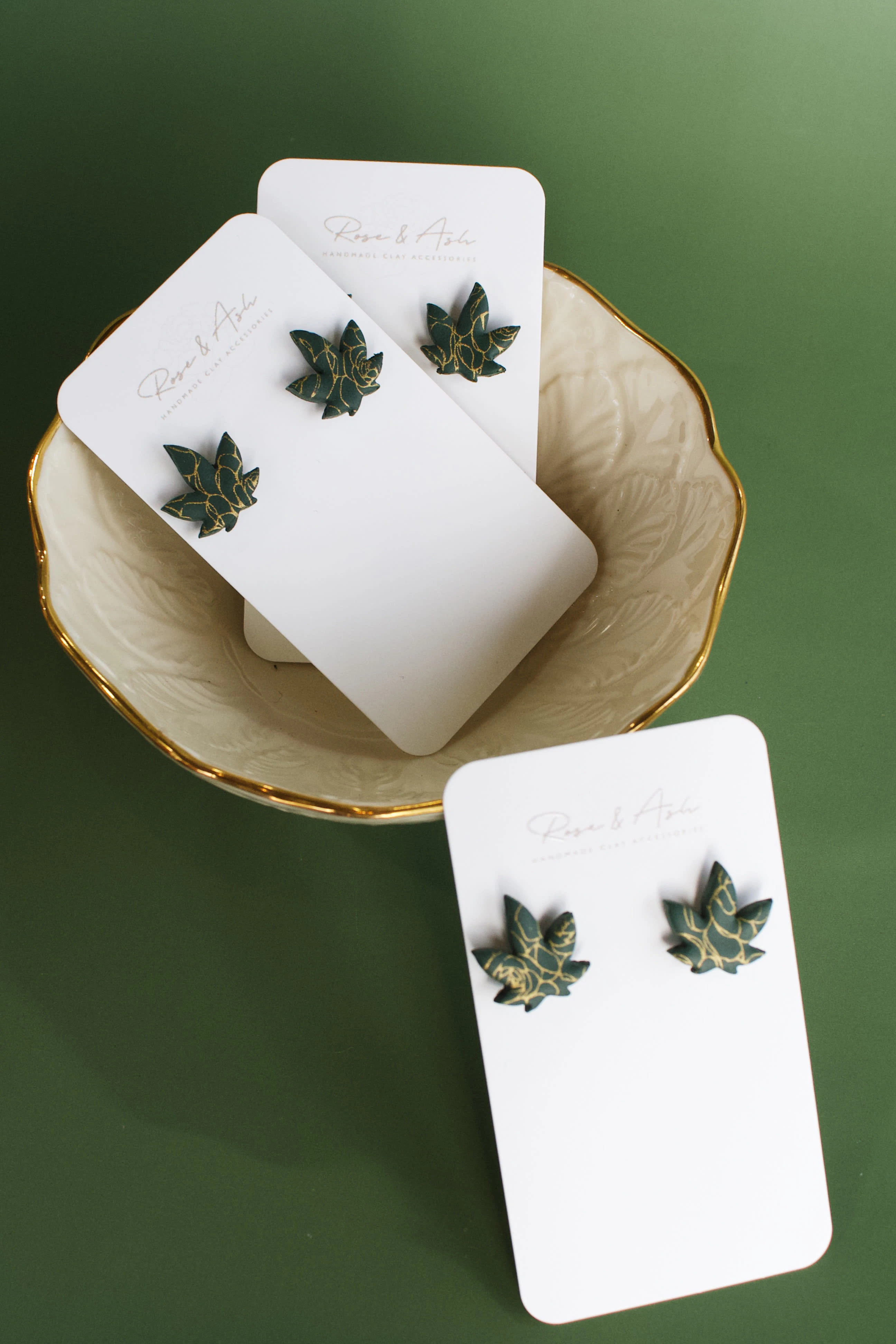 Rose & Ash - Green Weed Clay Earrings / Rose & Ash - Green and Gold Main Image