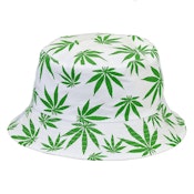 White Bucket Hat with Green Leaves