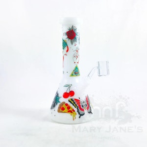 Red Eye Glass - Red Eye Glass 8.5" Tall White Tattoo Concentrate Beaker w/Full Wrap Decal Red Eye Glass 8.5" Tall White Tattoo Concentrate Beaker w/Full Wrap Decal