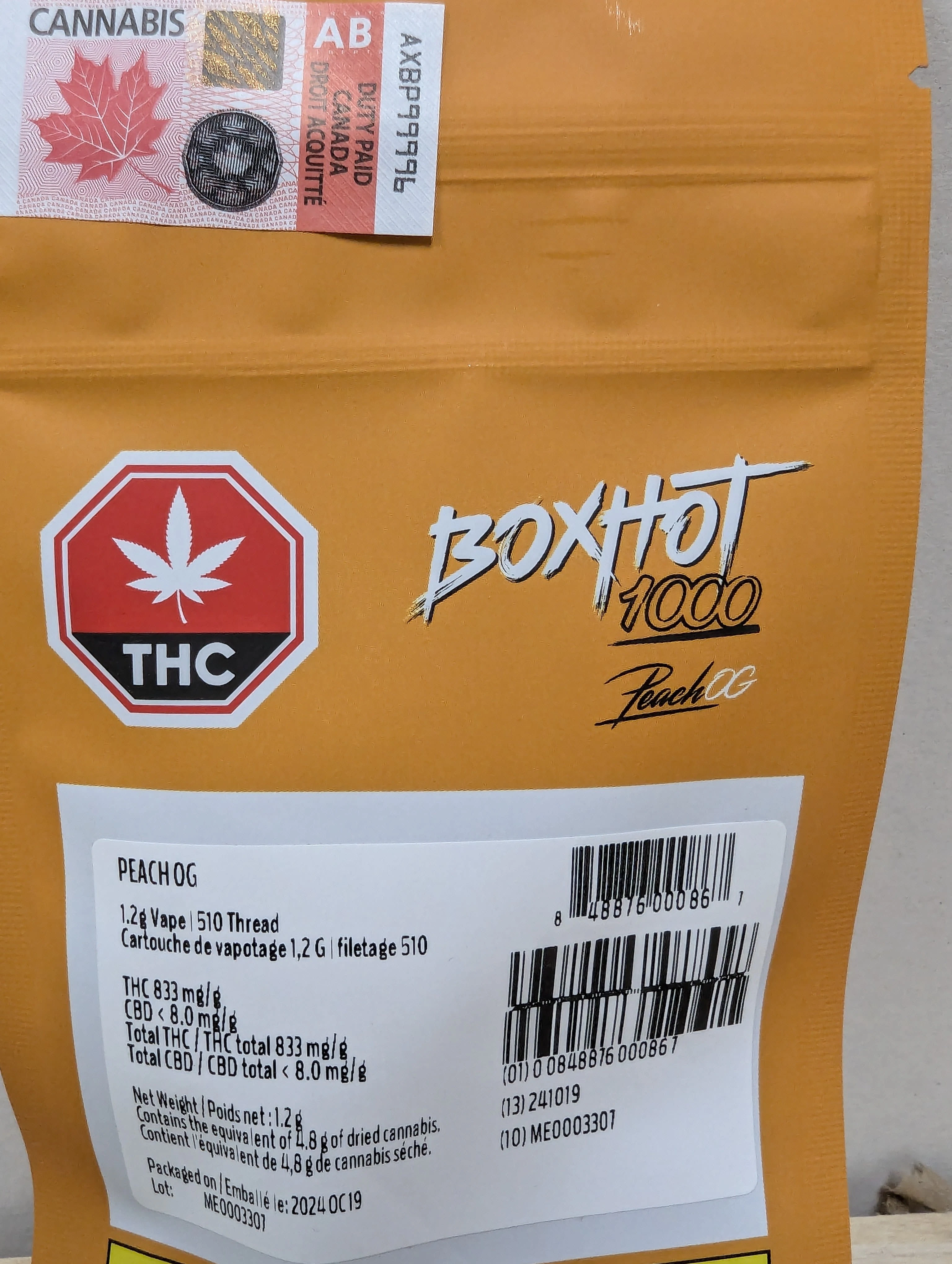 BOXHOT - BOXHOT - Peach OG 1.2g Prefilled Vape Cartridge Main Image