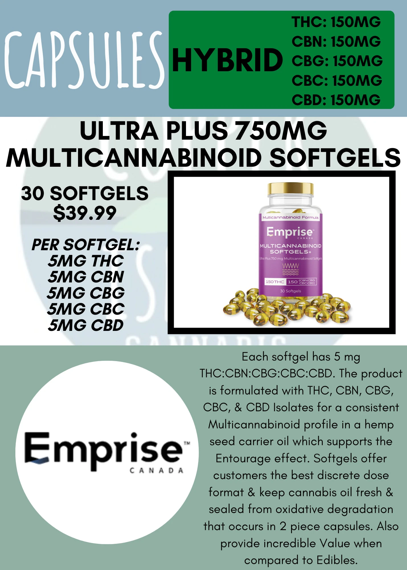 EMPRISE CANADA - EMPRISE - ULTRA PLUS 750 MG MULTICANNABINOID SOFTGELS 30PK Main Image