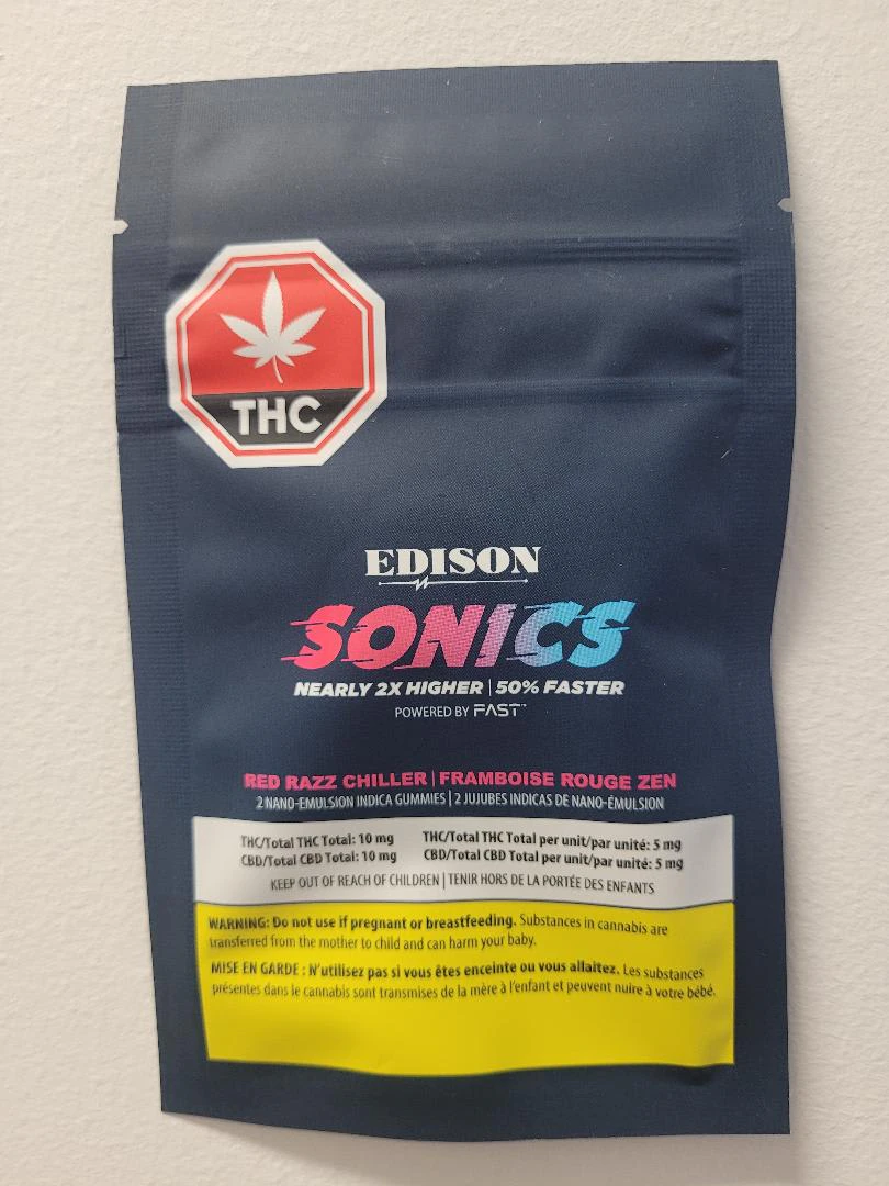 ORGANIGRAM - Edison Sonics Red Razz Chiller 1:1 THC:CBD 2x5mg Gummies Main Image