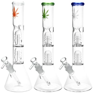 Humble and Fume - Double Stacked Hemp Leaf Beaker Water Pipe - 12"