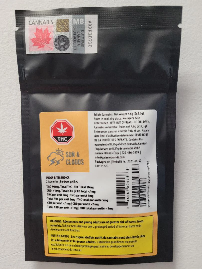 Galaxie Brands Corp - Sun & Clouds Frost Bites Indica 2x5mg Gummies Main Image