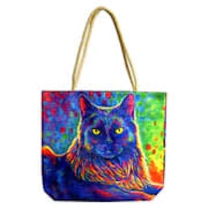 Kustom Kulture Canada - Jute Rope-Handled Tote Bag - Psychedelic Rainbow Black Cat - 17" x 15"