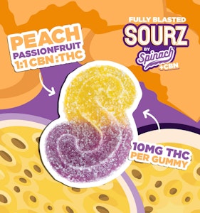 SOURZ by Spinach - Sourz Fully Blasted Peach Passionfruit 1:1 CBN | THC 1pk soft chew