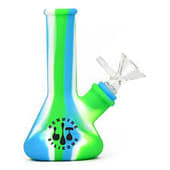 LIT Silicone Beaker Water Pipe-5" Tall Blue Green & White W/Glass Pull-Out