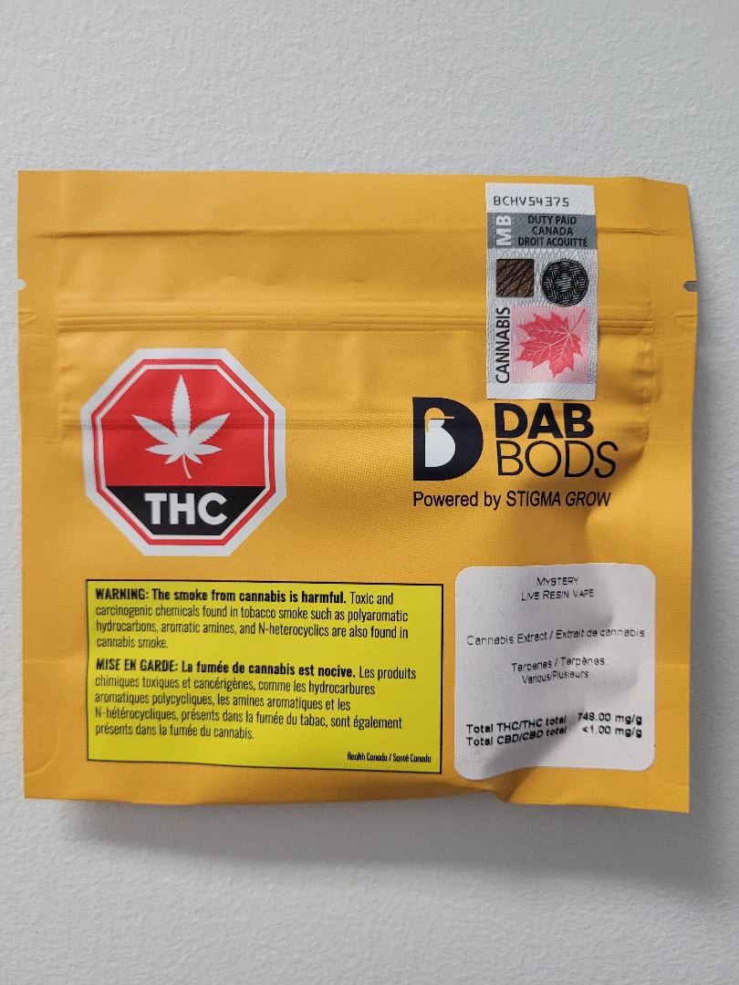 Stigma Grow  - Dab Bods Mystery Live Resin 1g Vape Cart Main Image