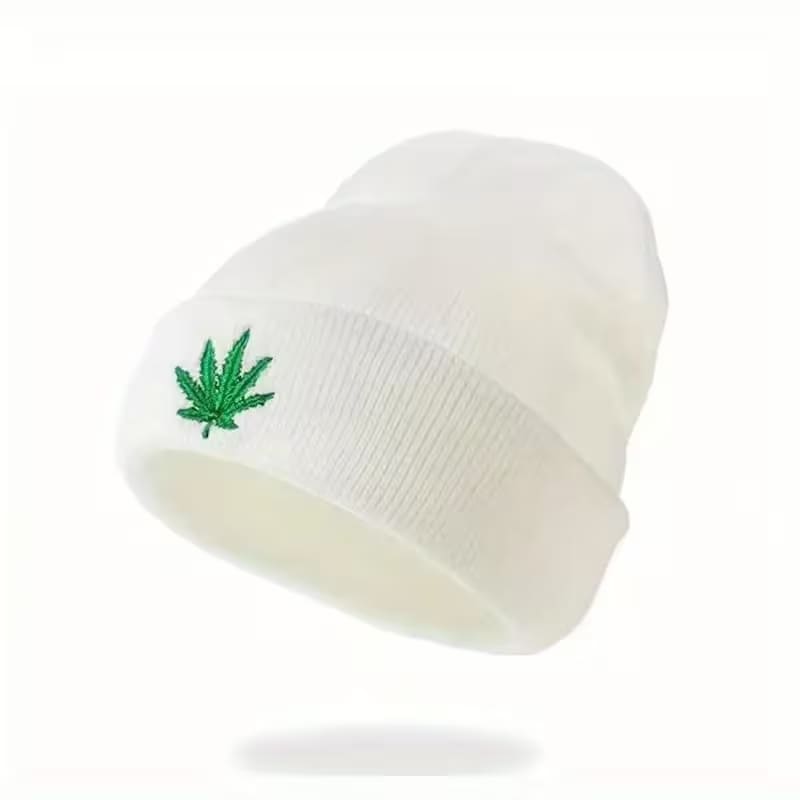 Cannabis Leaf Embroidered Toque - White