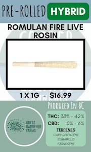 Great Gardener Farms - GREAT GARDENER FARMS - ROMULAN FIRE LIVE ROSIN INFUSED PR