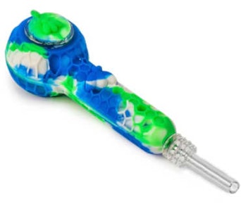 LIT Genuine Silicone - 4.5" SILICONE HAND PIPE & NECTAR COLLECTOR W/GLASS BOWL, QUARTZ TIP & BOWL COVER