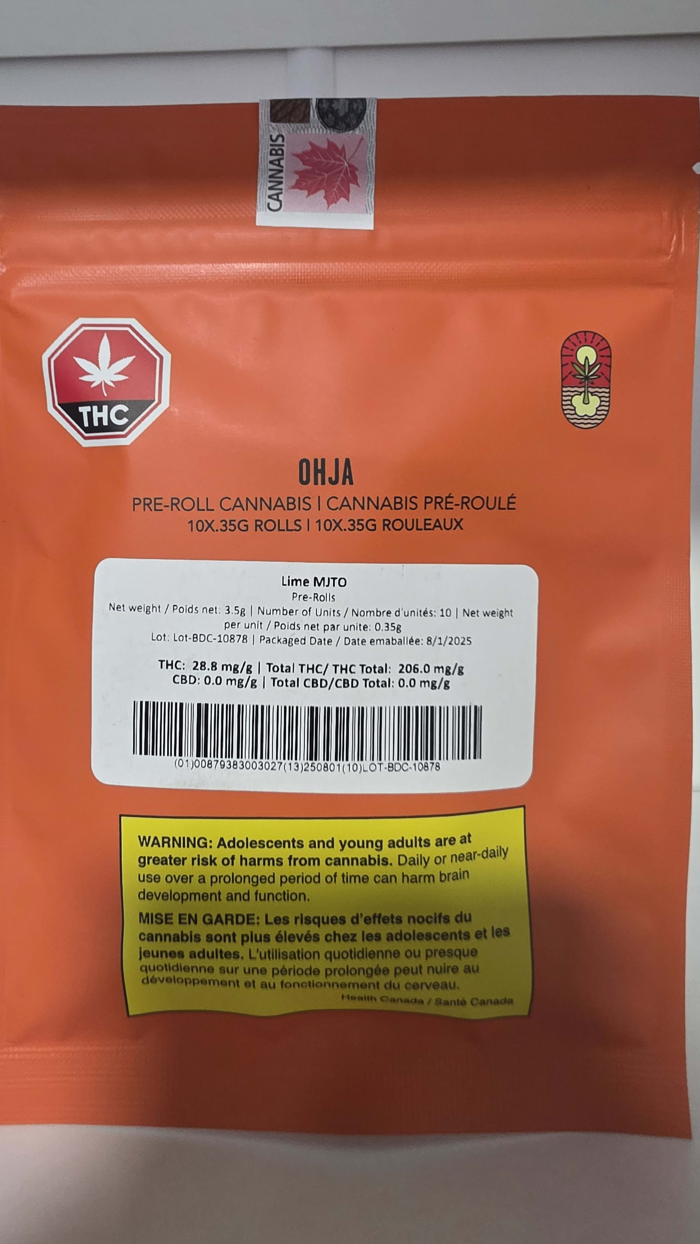 OHJA Lime MJTO 10x0.35g Pre-Rolls