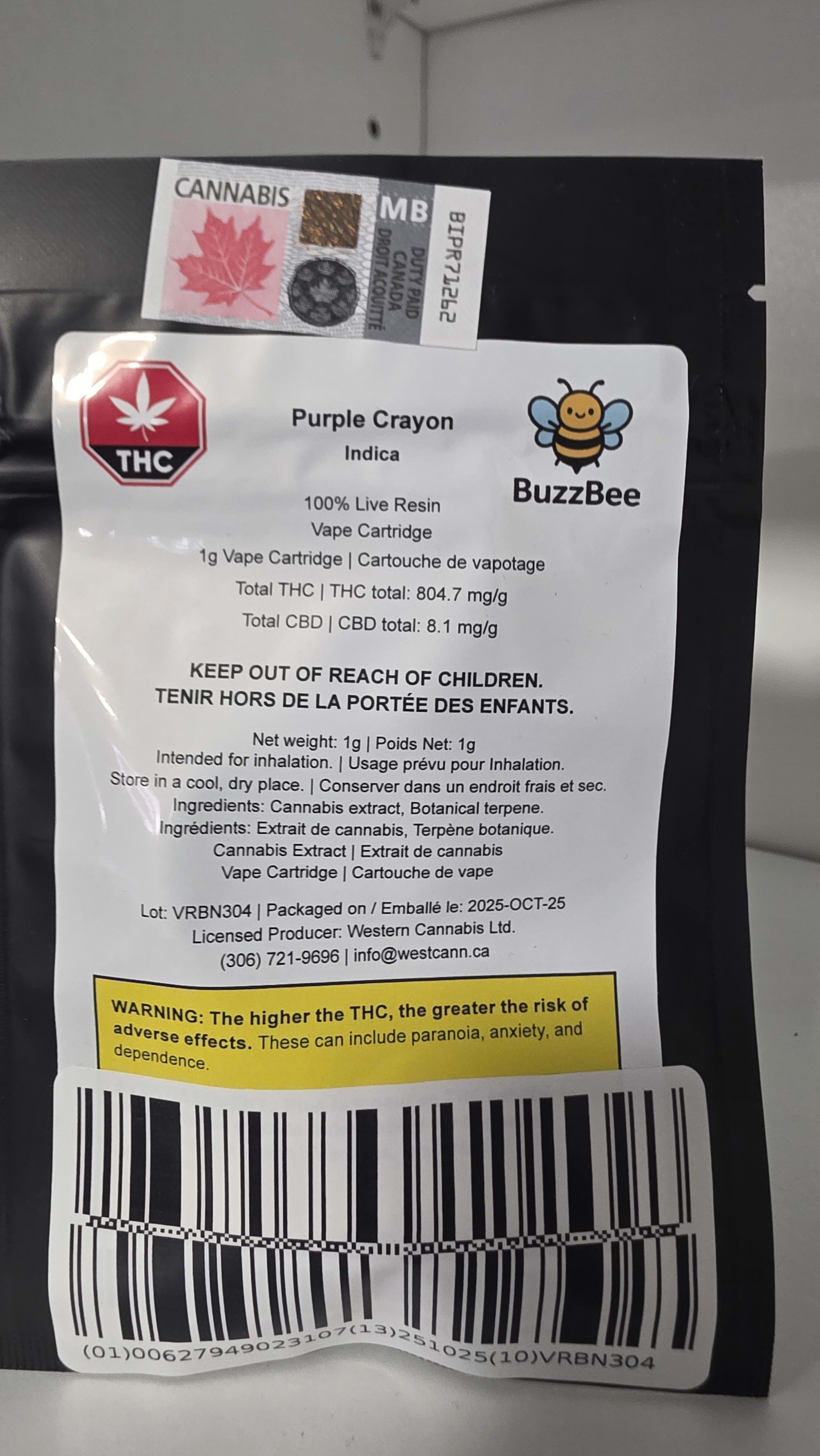 BuzzBee - Purple Crayon (live resin) 1G Vape Cart