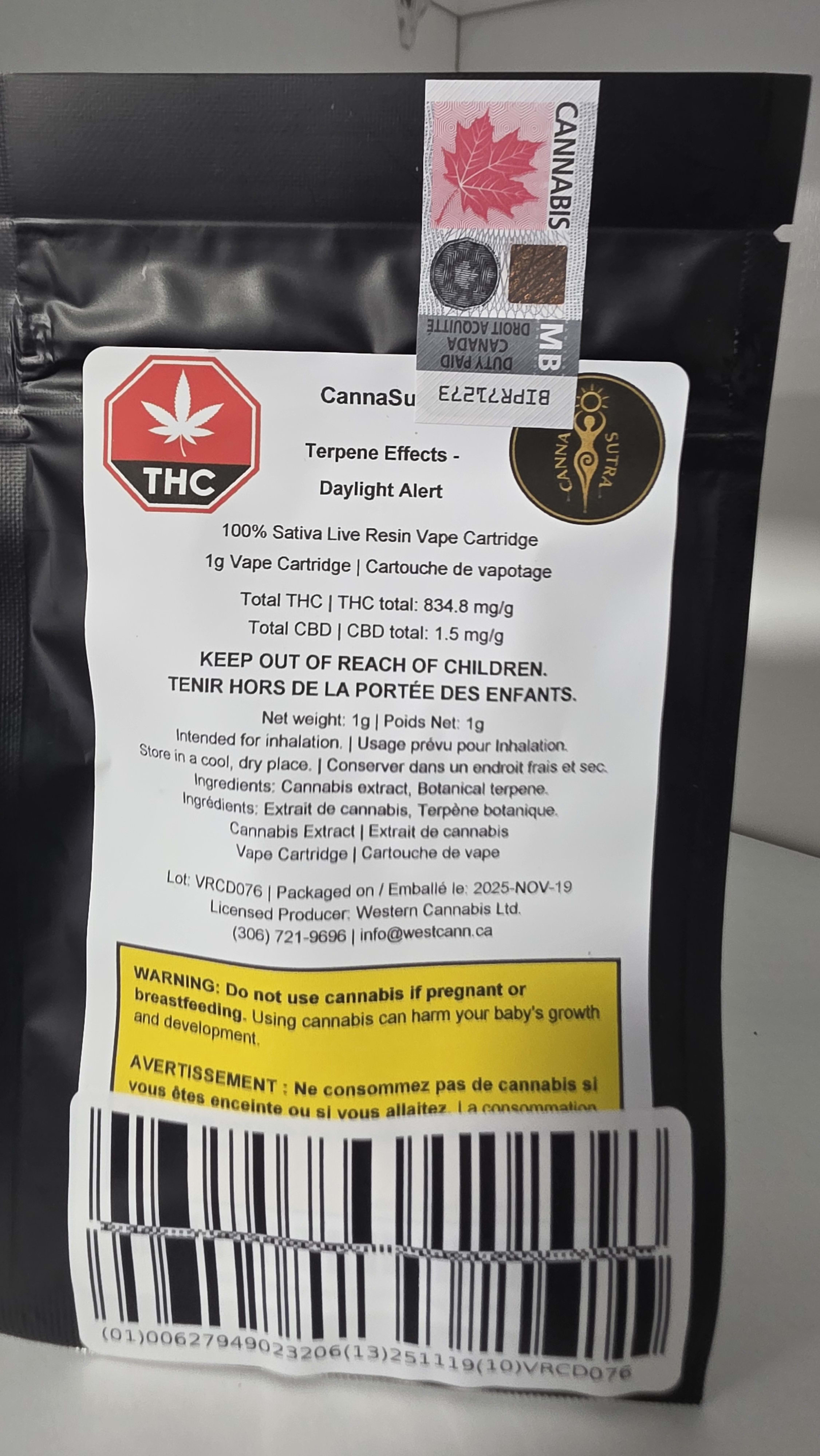CannaSutra - Terpene Effects - Daylight Alert (live resin) 1G Vape Cart