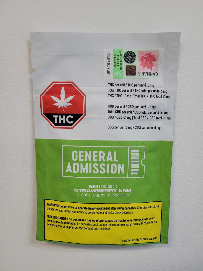 Open Fields Distribution  - General Admission Strawberry Kiwi 1:1 THC:CBG 2x5mg Soft Chews Main Image