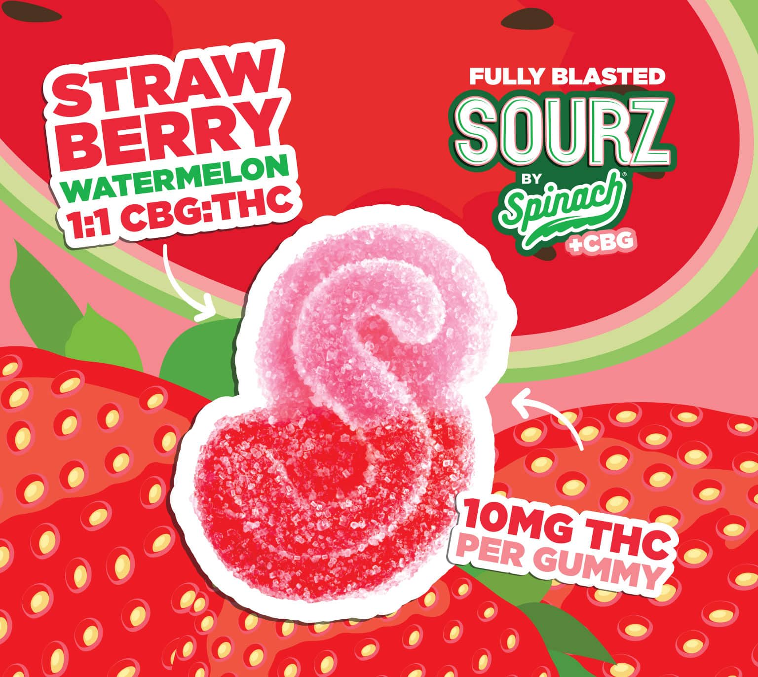 SOURZ - Strawberry Watermelon 1:1 CBG | THC, Multipack of 10 Soft Chews, 10x10mg