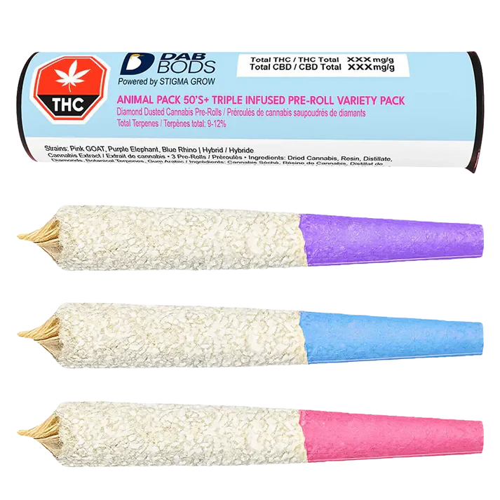 Dab Bods - Animal Pack 50's+ Triple Infused  & Diamond Dusted -   Pink Goat(Ind),  Purple Elephant, Blue Rhino (Hyb) - 3 x 0.5g  Pre-Rolls Main Image