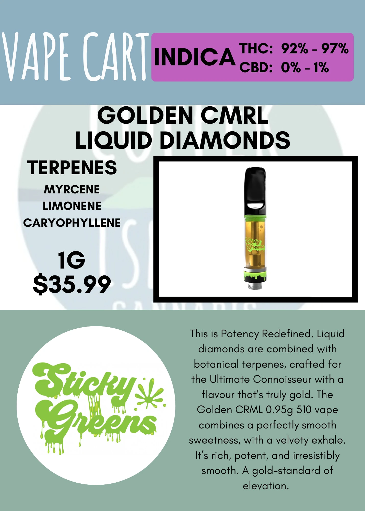 Sticky Greens - STICKY GREENS - GOLDEN CRML PURE DIAMONDS CART Main Image