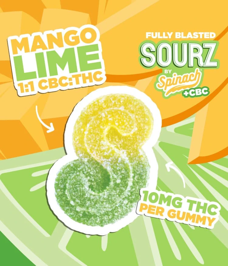 SOURZ by Spinach - SOURZ By Spinach - Fully Blasted Mango Lime 1:1 Multipack of 10 CBC | THC Soft Chews Main Image