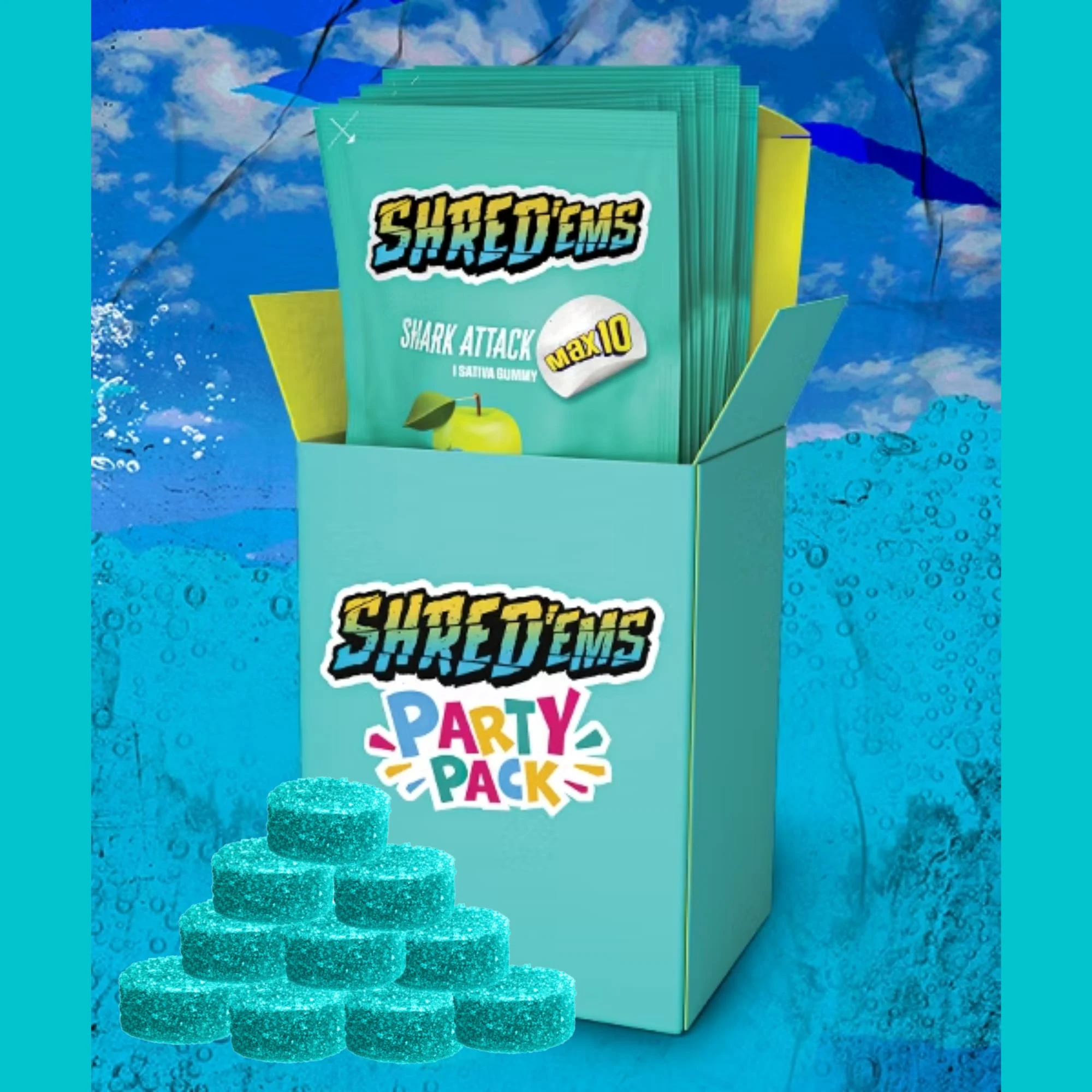 SHRED'EMS - Multipack of 10, Shred'ems Shark Attack MAX10 Party Pack 1 x 10mg THC Soft Chews Main Image