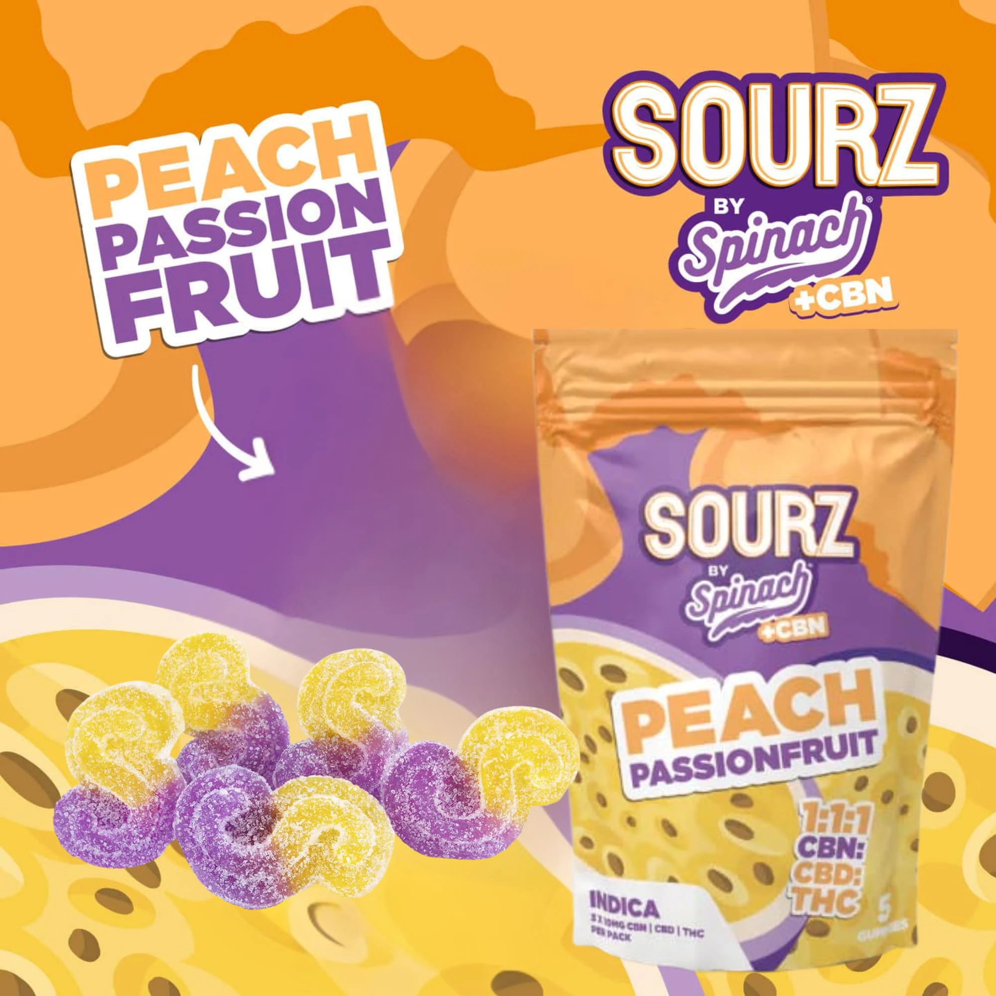 SOURZ by Spinach - Spinach SOURZ Peach Passionfruit 1:1:1 CBN:CBD:THC 5pk Soft Chews Main Image