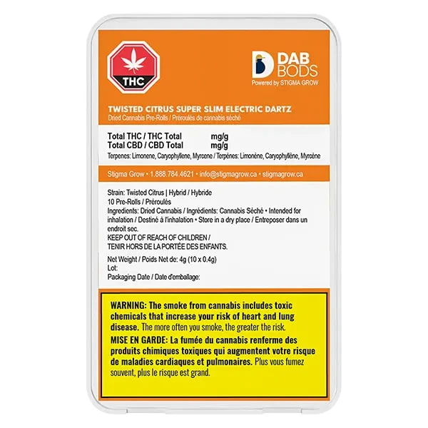 DAB BODS - Twisted Citrus Super Slim Electric Dartz Pre-Roll 10x0.4g Pre-Rolls Main Image