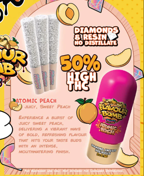 NUGZ - Flavour Bomb 50 Atomic Peach 3 x 0.5g Diamond Infused Pre-Rolls by Nugz Main Image